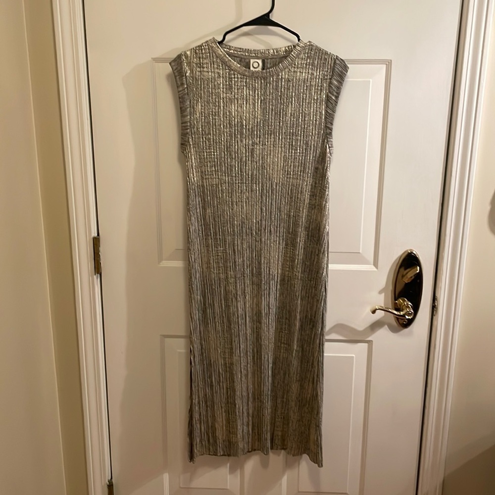 Anthropologie gold metallic knit midi dress with side slit up one leg